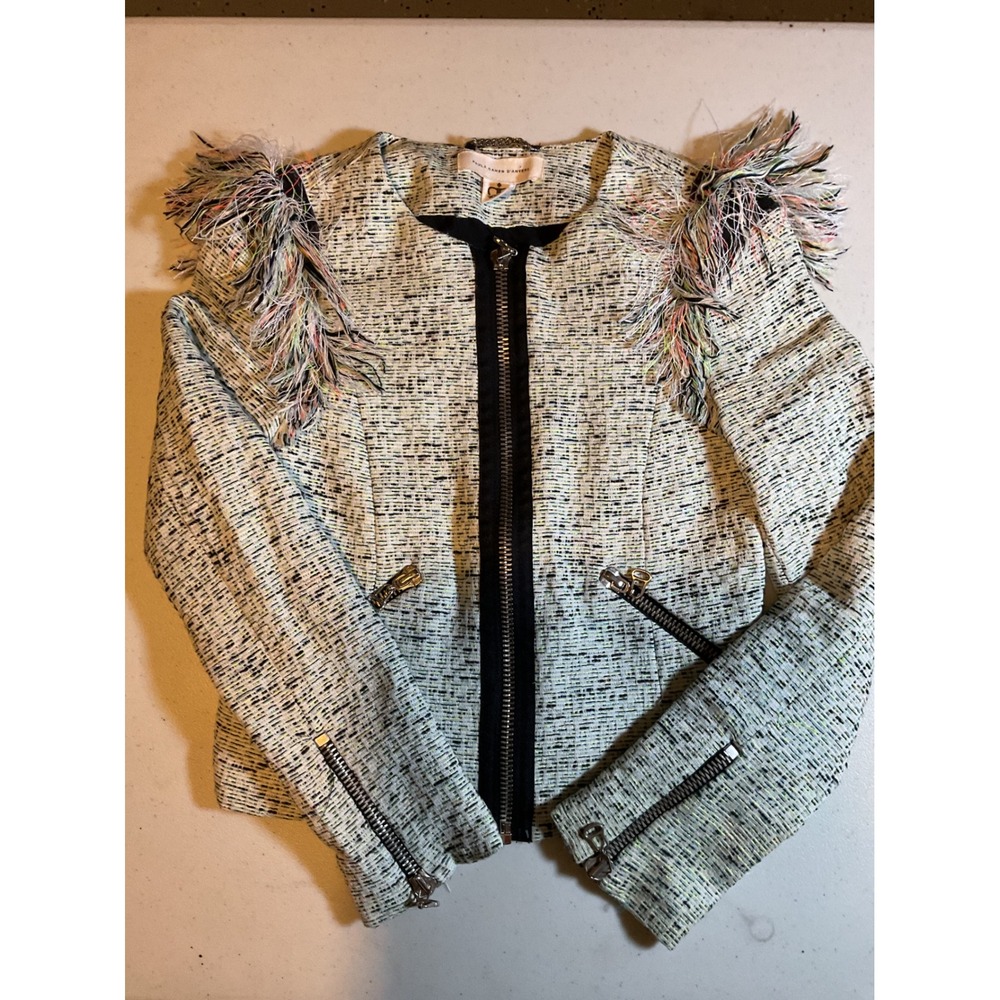 Paula Cahen D'Anvers Tweed Jacket Embellished Fringe Zipper Moto Style‎